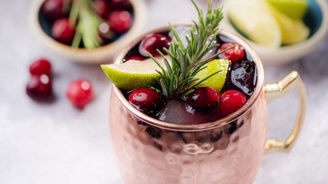 iced drink with cranberries, lime and rosemary