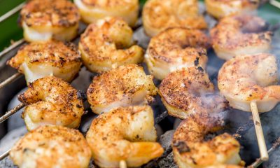 Shrimp skewers on a grill